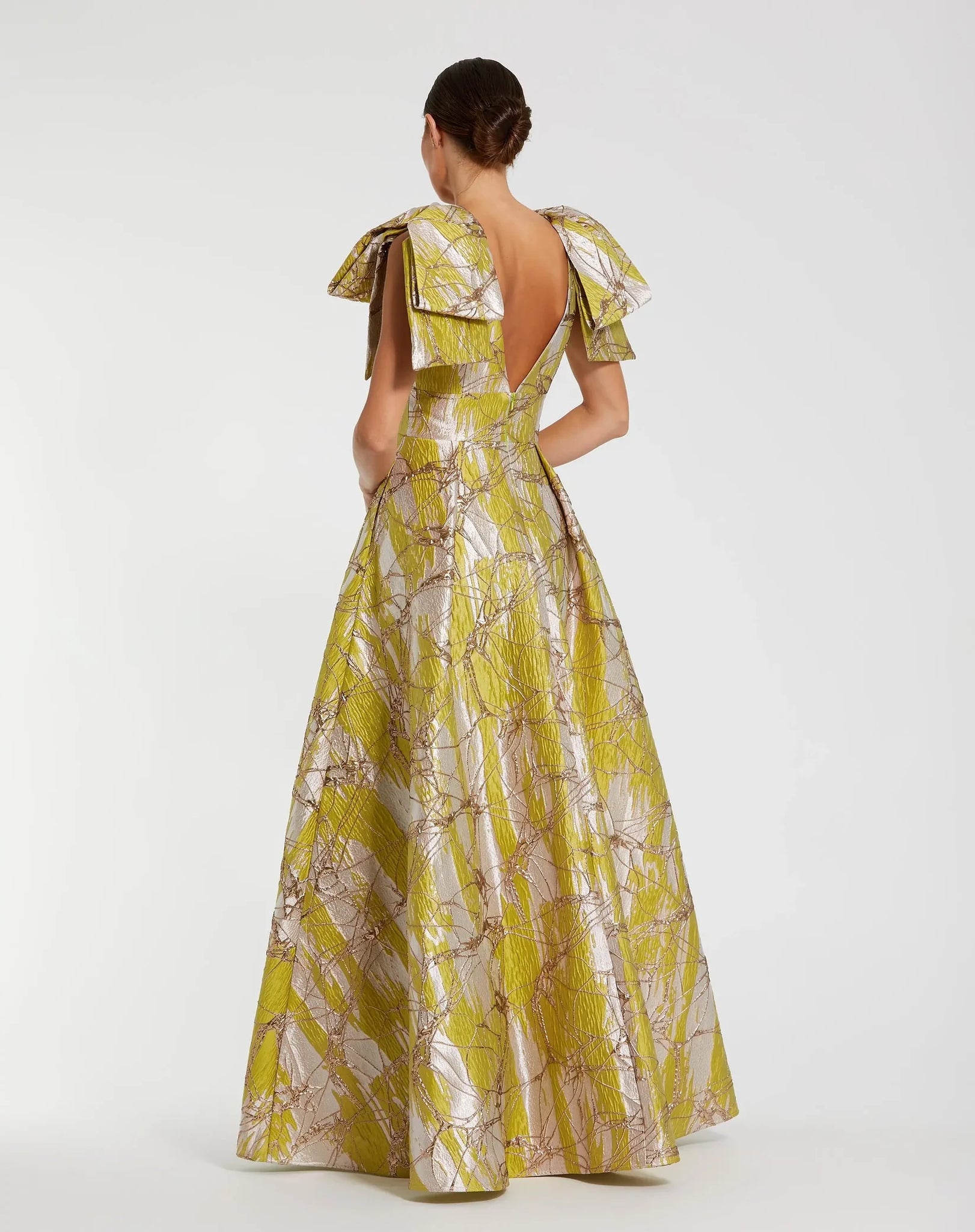 Green Layered Shoulder Bow Metallic A-Line Gown