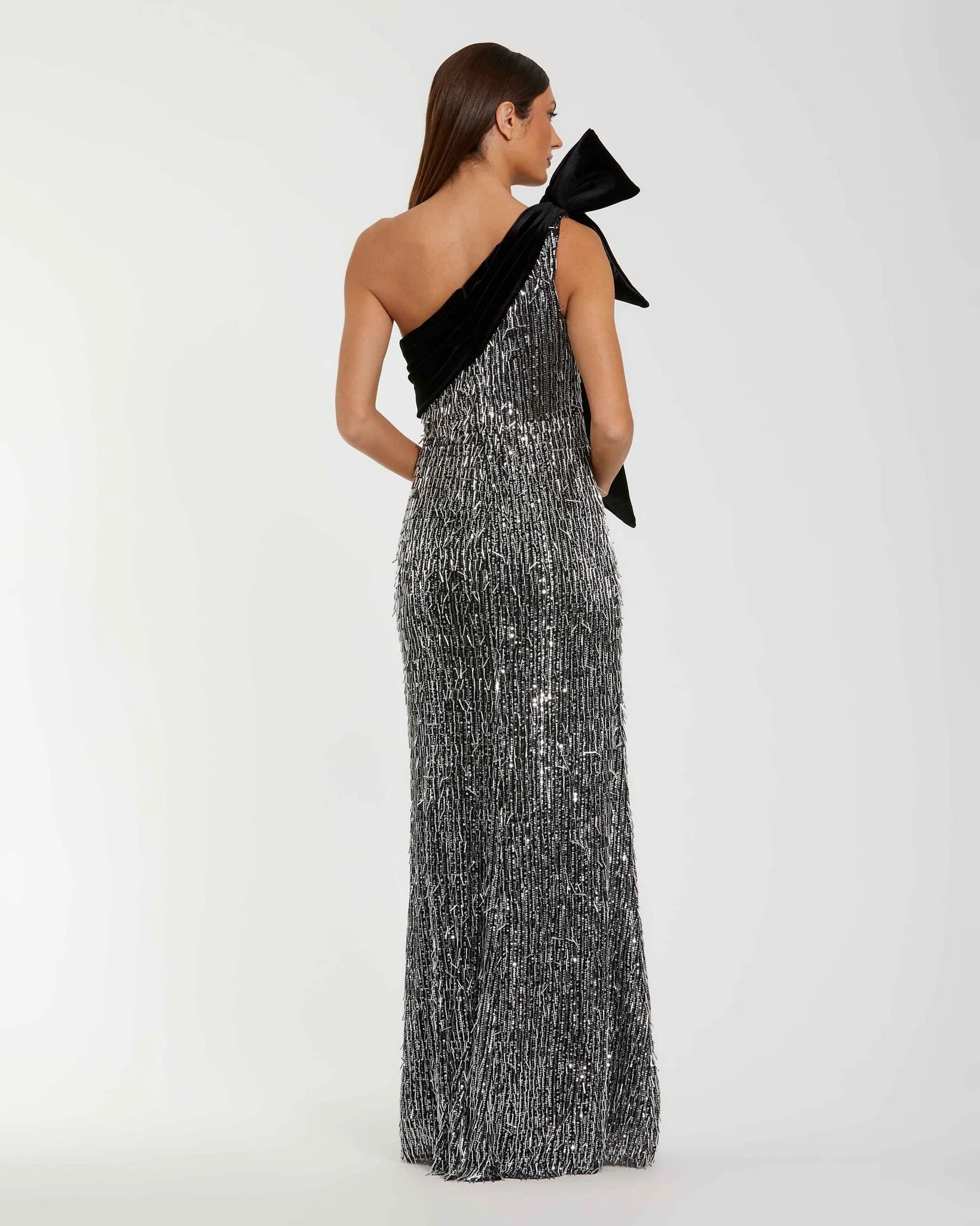 Black and Silver One Shoulder Embellished Gown With Velvet Bow