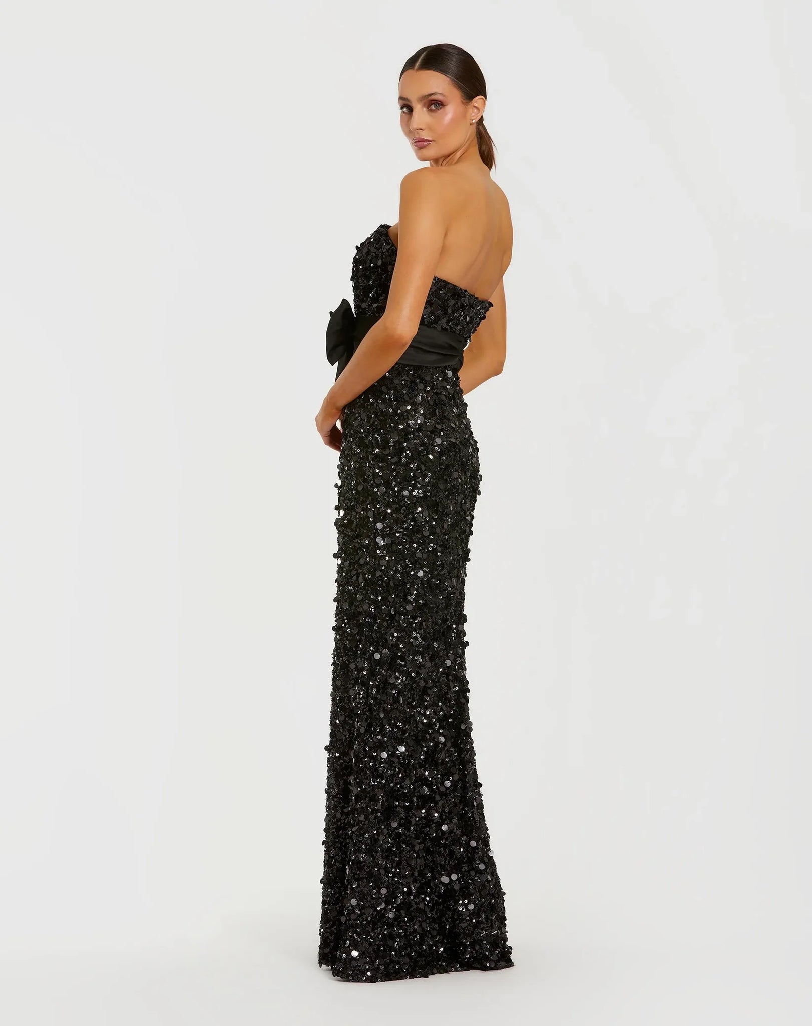 Black Strapless Sequin Evening Gown With Bow
