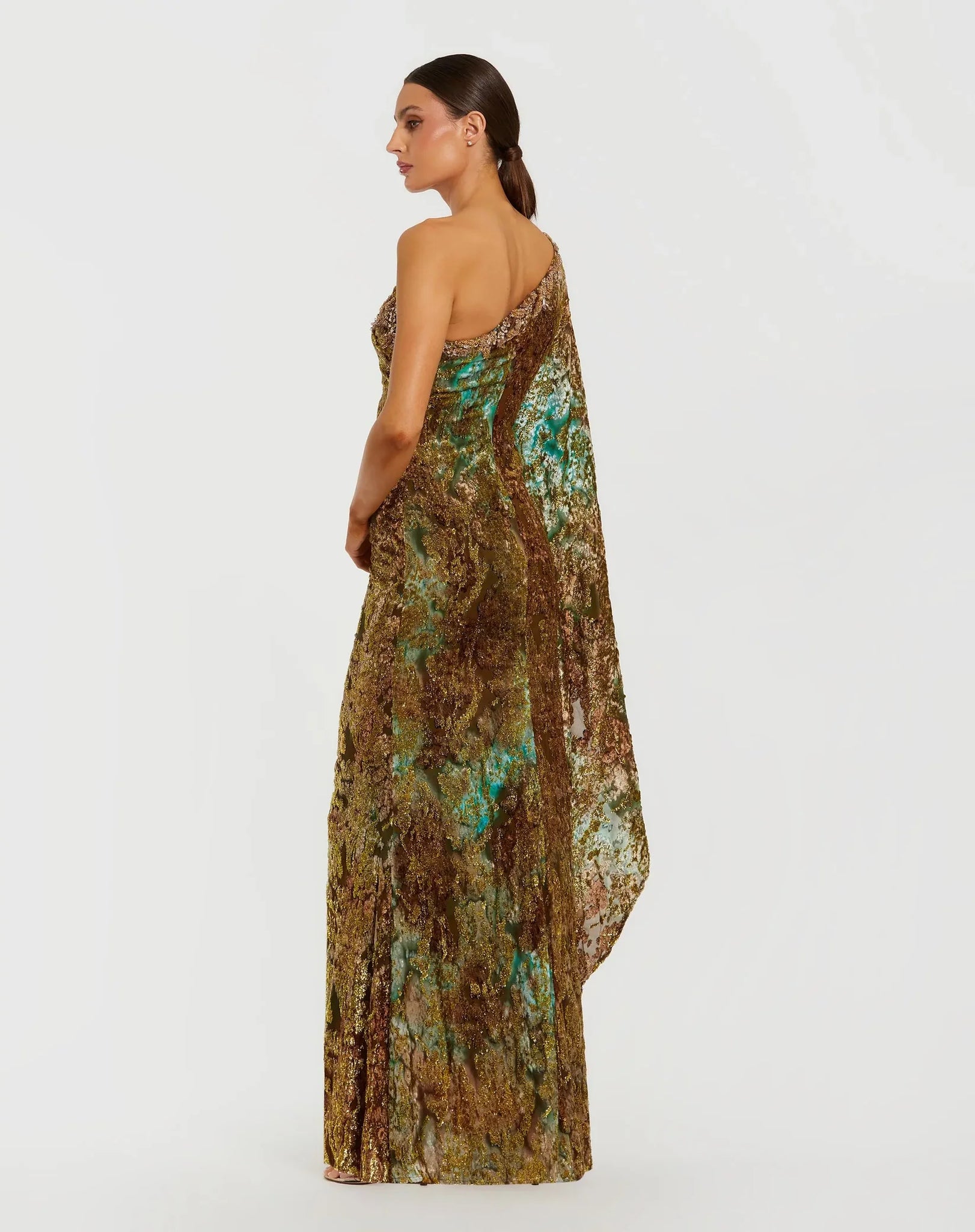 Gold One Shoulder Metallic Burnout Velvet Evening Gown