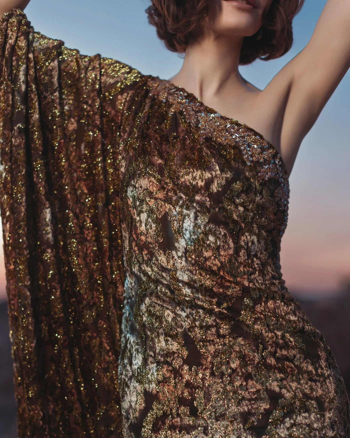 Gold One Shoulder Metallic Burnout Velvet Evening Gown