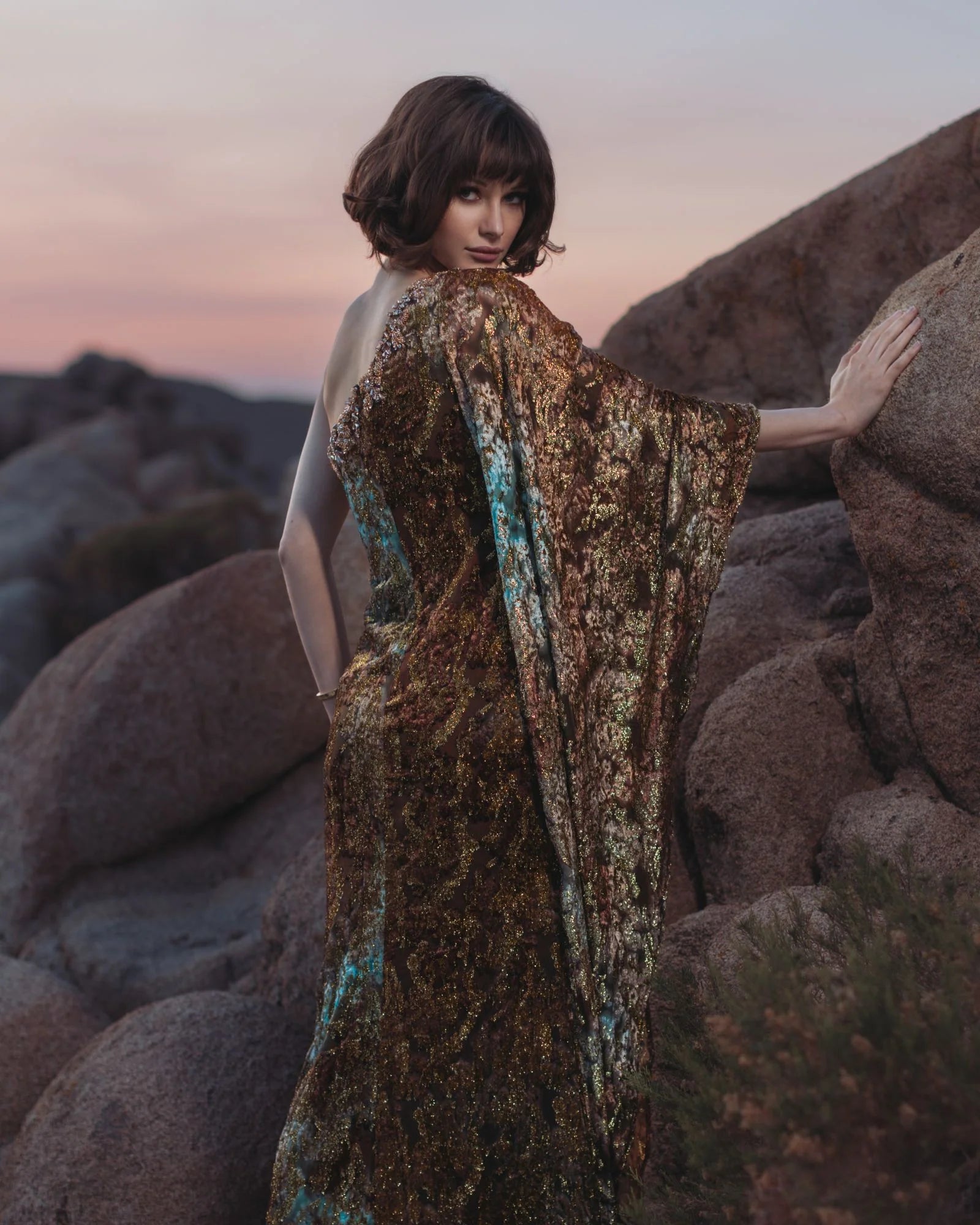 Gold One Shoulder Metallic Burnout Velvet Evening Gown