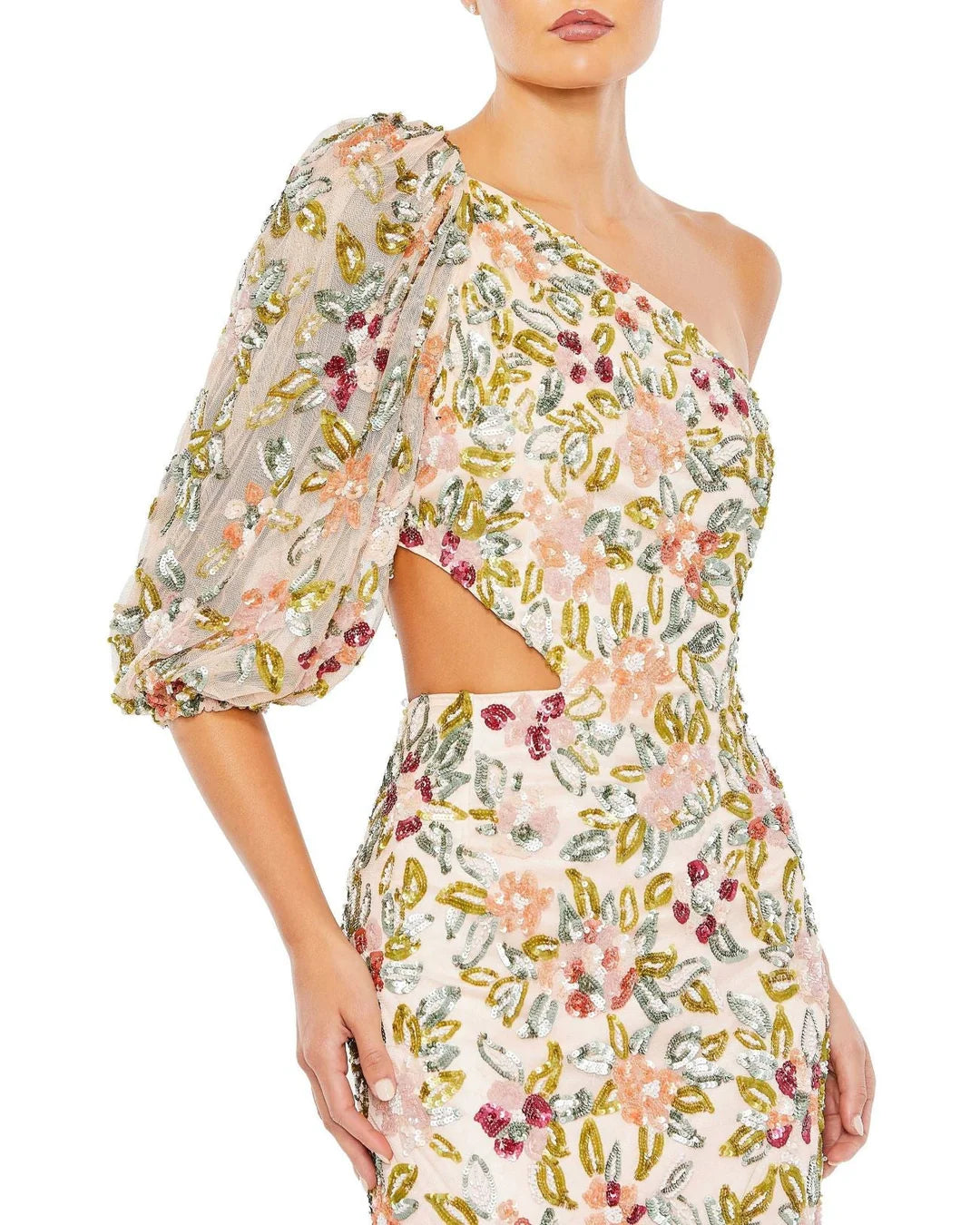 One Shoulder Floral Embellished Gown
